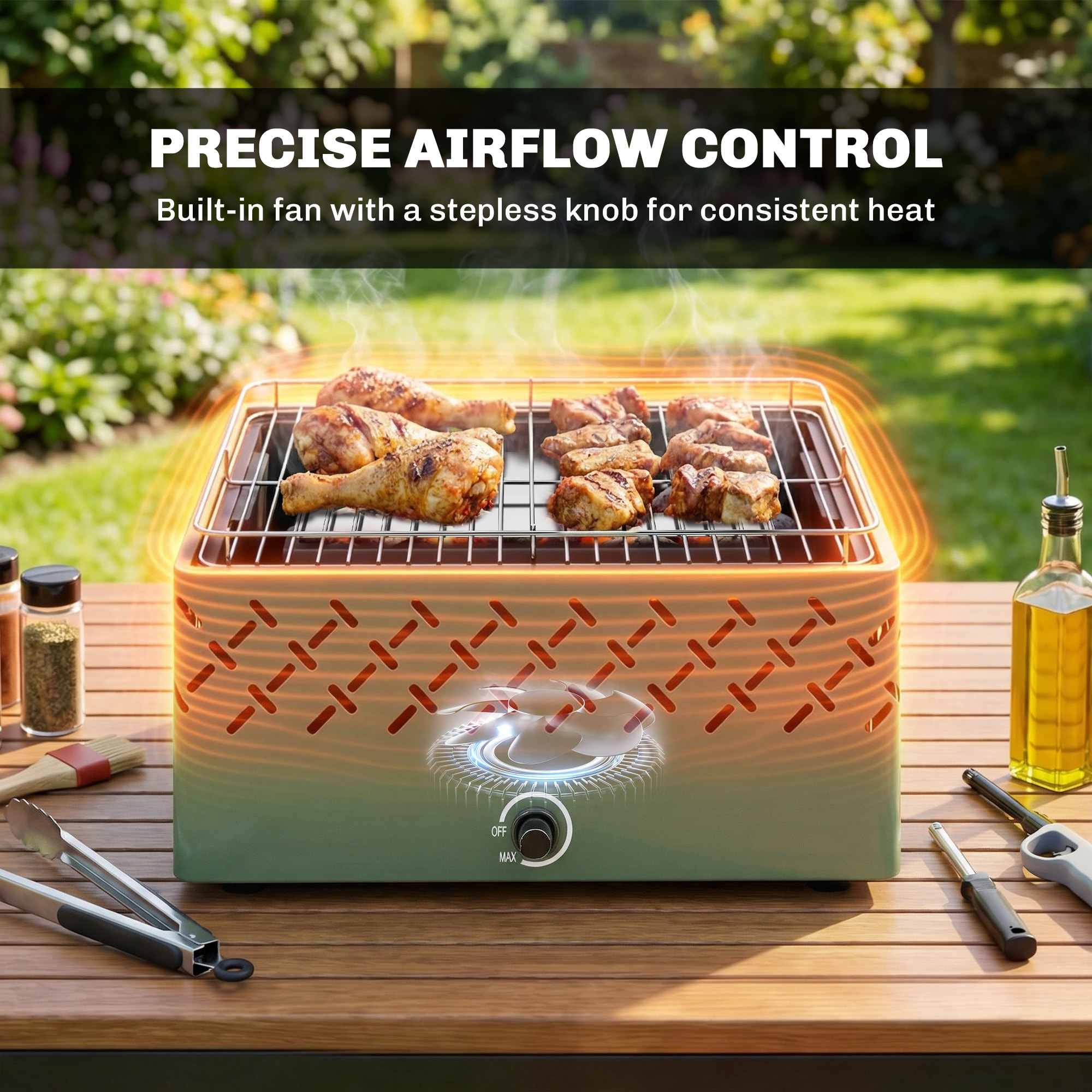 Barbacoa de Carbón, Barbacoa Portátil, 45,5x29x21 cm, con Ventilador Integrado, Temperatura Ajustable y Bandeja de Carbón, para Camping, Picnic, Fiesta en Jardín, Verde Claro
