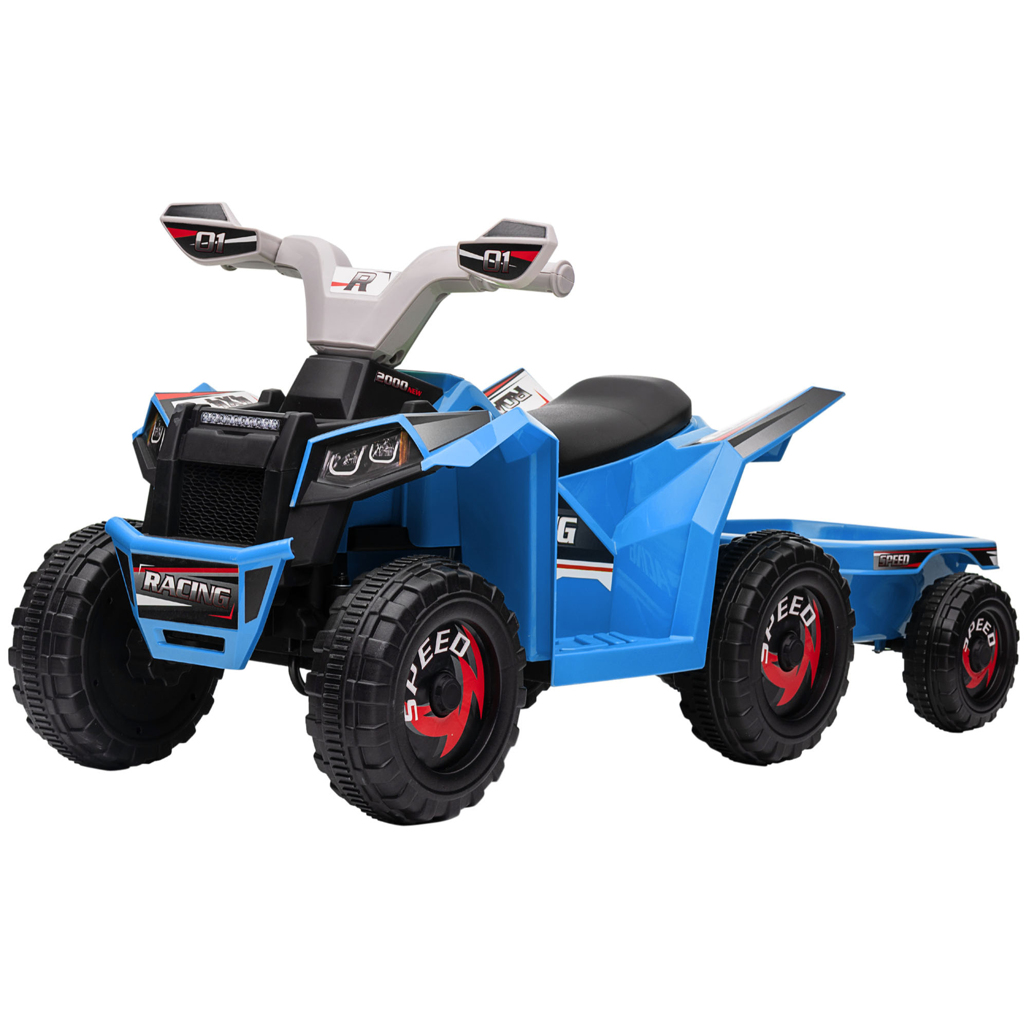 Quad Eléctrico para Niños con Remolque a Batería 6V, Quad para Niños de 18-36 Meses con Velocidad 2,5 km/h, 6 Ruedas y Manillar Antideslizante, 106x41,5x48,5 cm, Azul