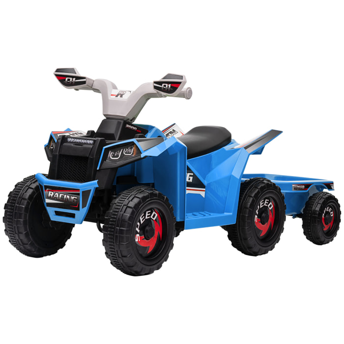 Quad Eléctrico para Niños con Remolque a Batería 6V, Quad para Niños de 18-36 Meses con Velocidad 2,5 km/h, 6 Ruedas y Manillar Antideslizante, 106x41,5x48,5 cm, Azul