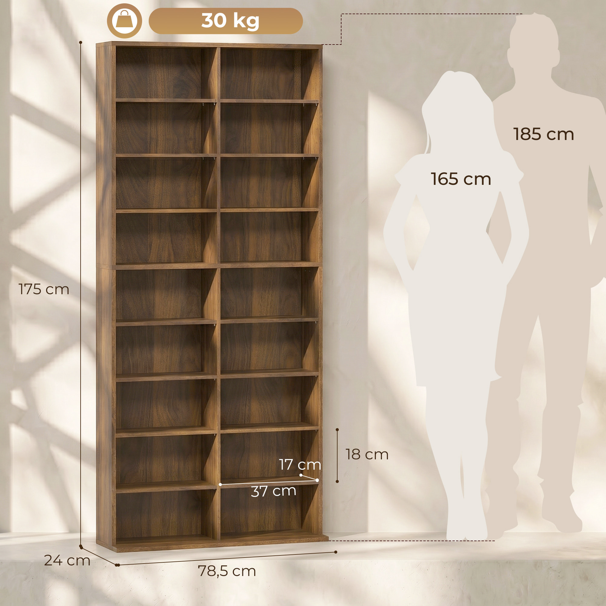 Étagère pour CD et DVD - 18 compartiments, 14 étagères réglables - 78,5x24x175cm - noyer