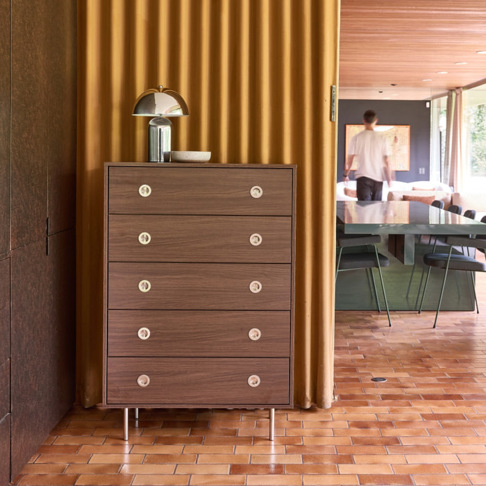 Commode vintage décor bois et acier inoxydable 5 tiroirs SHELBY