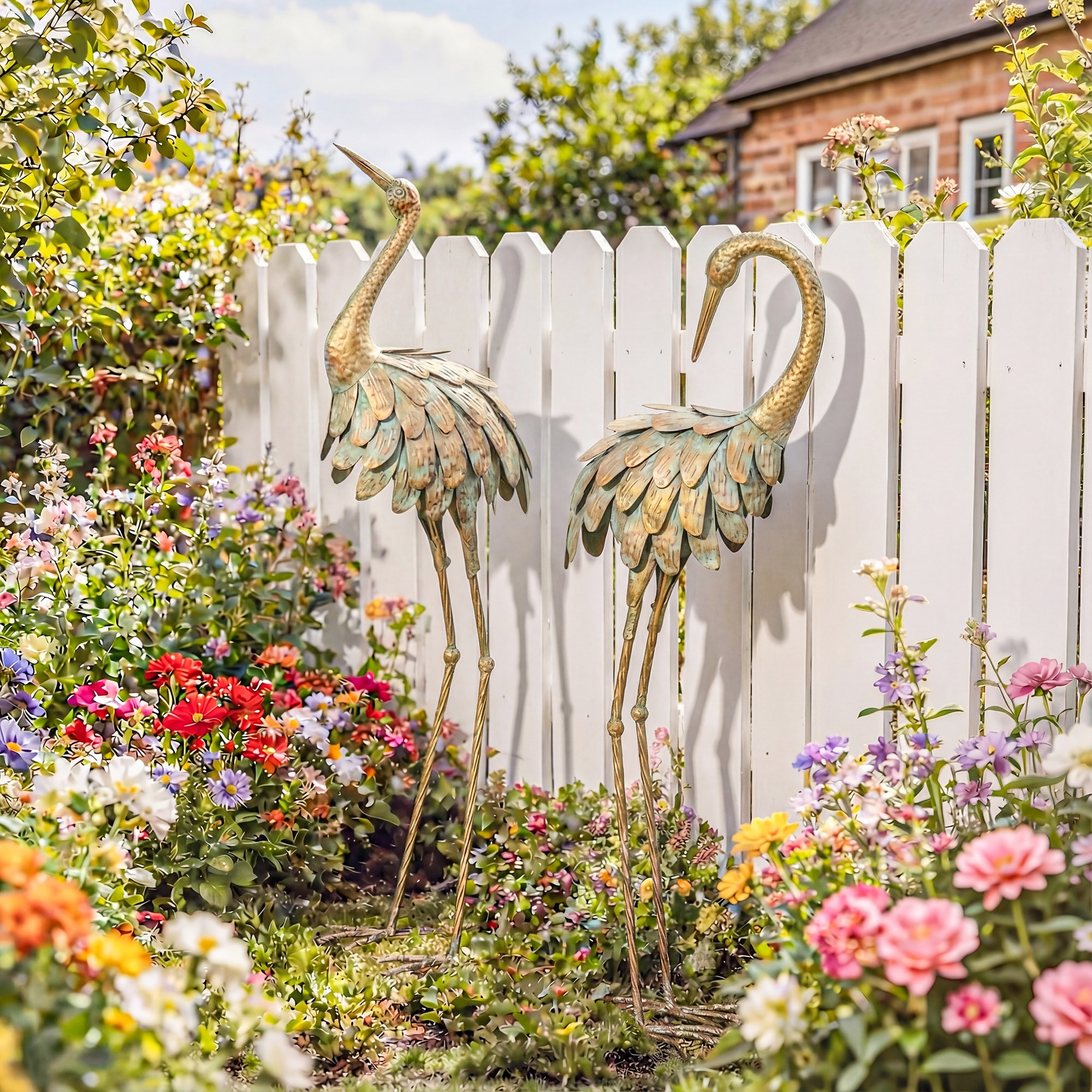 Lot de 2 statues de jardin héron - décoration de jardin - métal doré effet vieilli