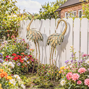 Lot de 2 statues de jardin héron - décoration de jardin - métal doré effet vieilli
