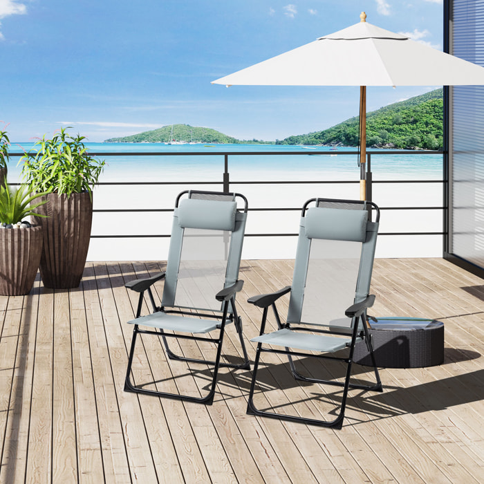 Lot de 2 chaises de jardin camping pliables - dossier inclinable 5 positions - tétière incluse - acier époxy oxford textilène gris