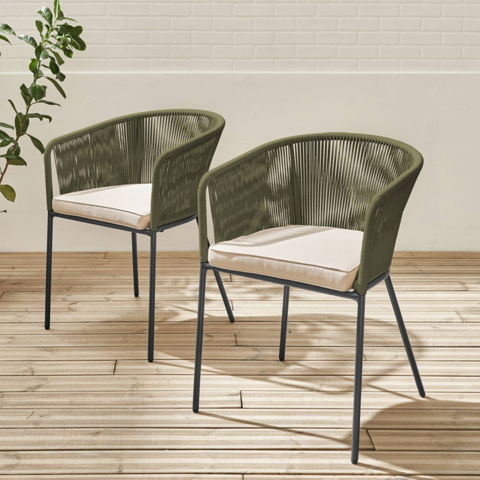 Lot de 2 fauteuils de jardin en corde kaki et acier galvanisé. coussins beige