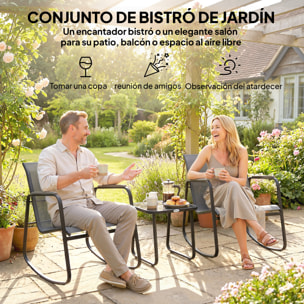 Conjunto de Mesa y Sillas de Terraza Exterior de 3 Piezas, Muebles de Jardín Exterior con 2 Sillas Mecedoras, Mesa con Encimera de Vidrio y Estructura de Acero, para Patio, Balcón, Gris