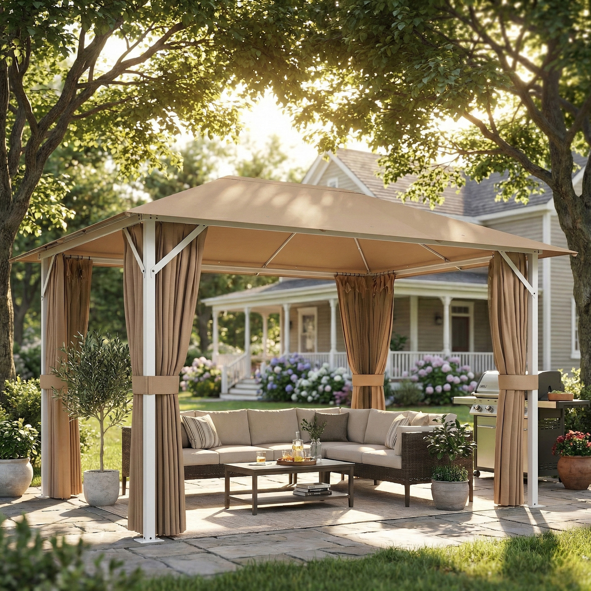 para Jardín 3x4 m, Pabellón de Jardín Gazebo con Techo Ventilado, 4 Paredes Laterales y 4 Mosquiteras, UPF50+, Estructura de Metal, Carpa para Exterior, Terraza, Patio, Caqui