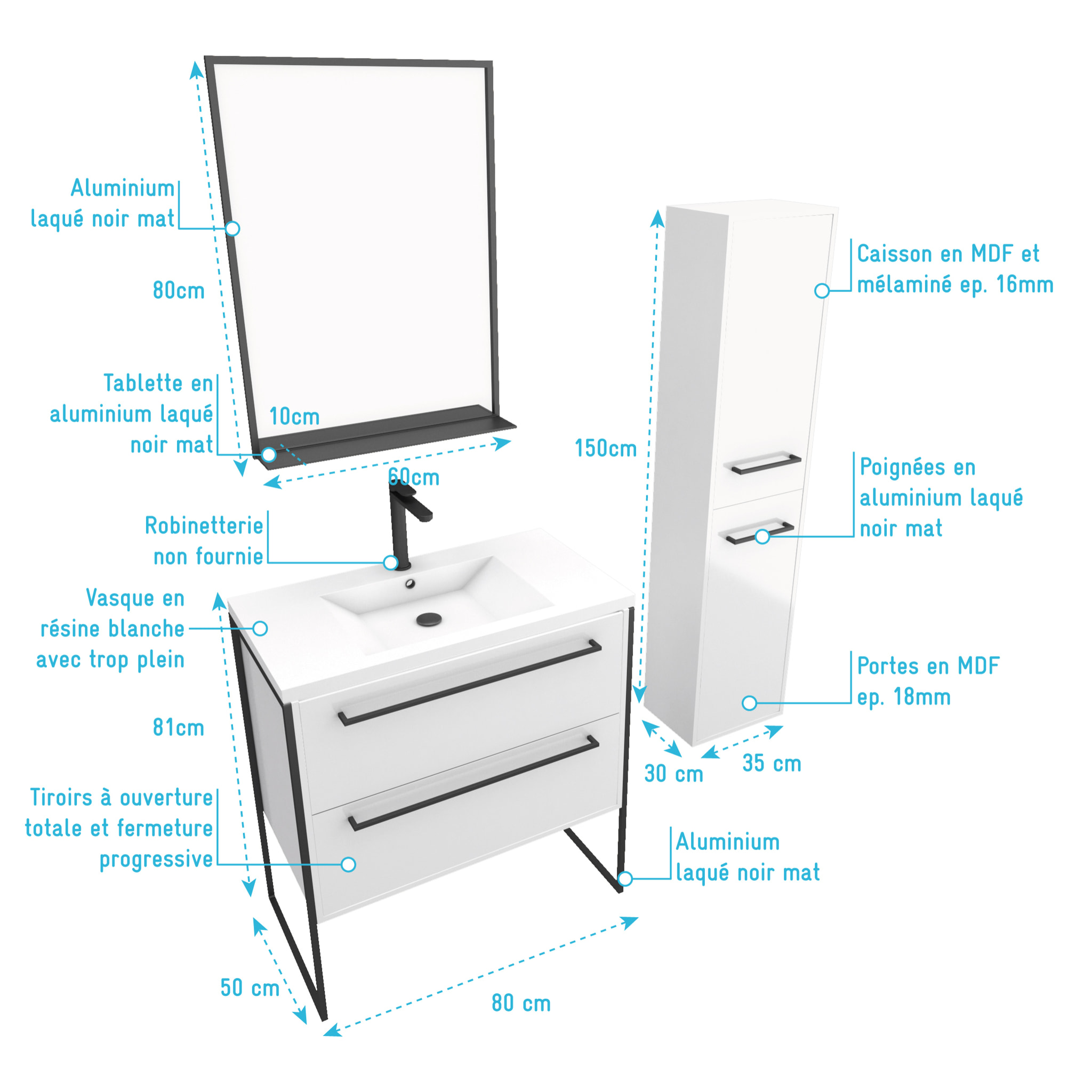 Pack meuble de salle de bain 80x50cm Blanc - 2 tiroirs blanc - vasque blanche + miroir noir mat