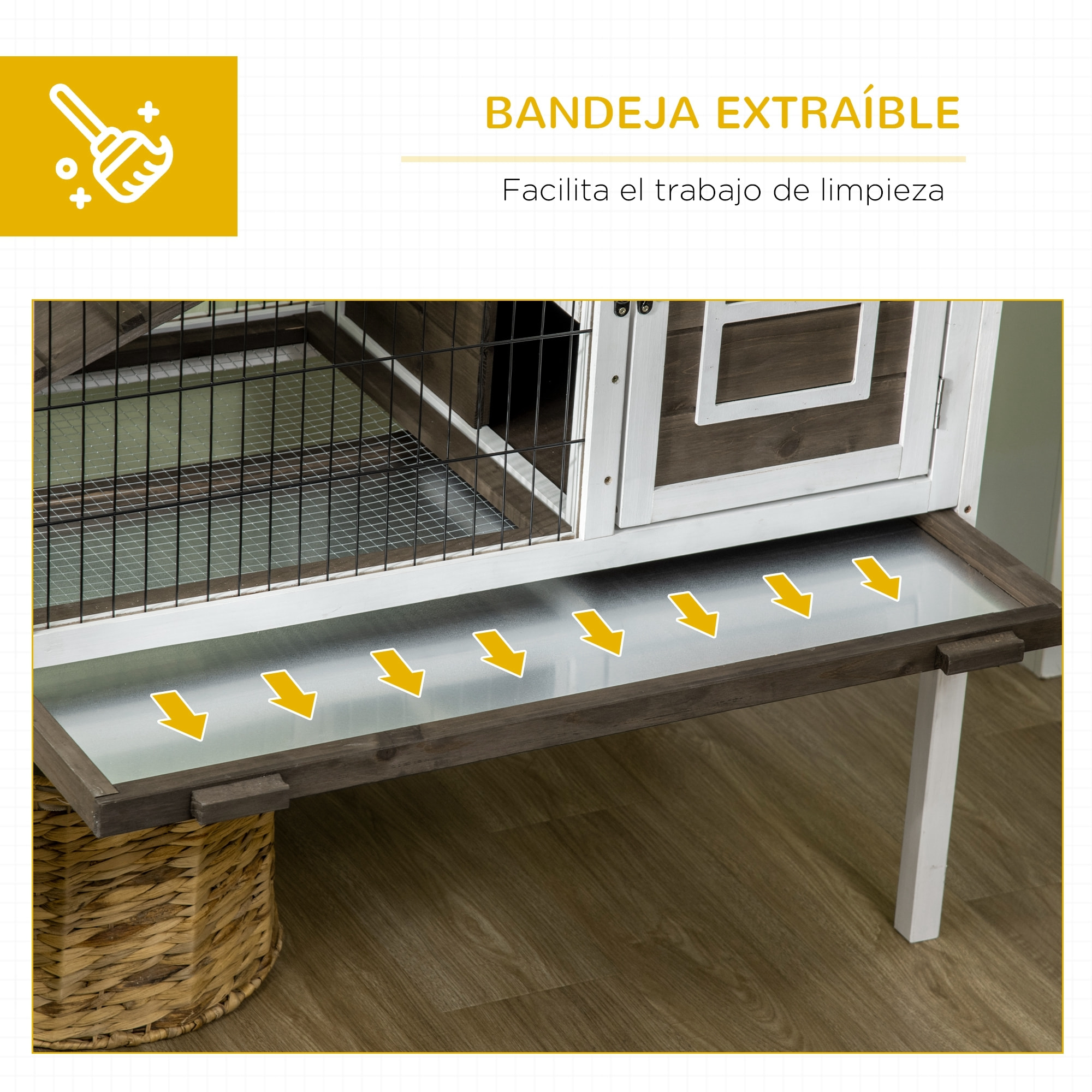 Conejera de Madera Elevada Jaula para Conejos con Zona Abierta Techo Abatible Puertas con Pestillo Bandeja Extraíble y Rampa Conejera para Interior 90x53x87 cm Marrón y Blanco
