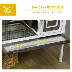 Conejera de Madera Elevada Jaula para Conejos con Zona Abierta Techo Abatible Puertas con Pestillo Bandeja Extraíble y Rampa Conejera para Interior 90x53x87 cm Marrón y Blanco