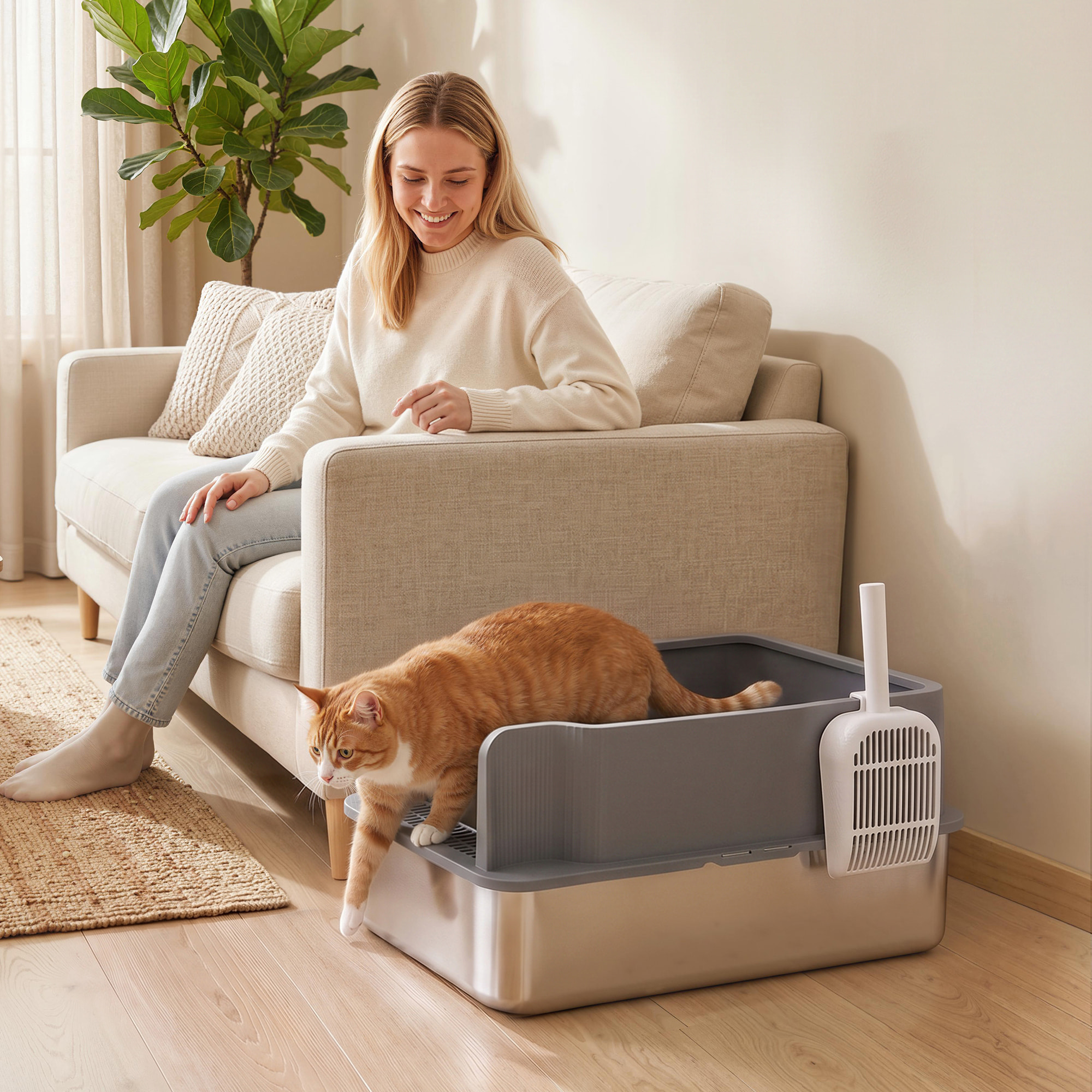 Arenero para Gatos de Acero Inoxidable L con Bandeja de Tamizado, Caja de Arena, Borde Alto, Pala, 10 Empapadores, Pellets de Pino +6 mm, Fácil de Limpiar, Antifugas, Antiadherente, Gris Oscuro