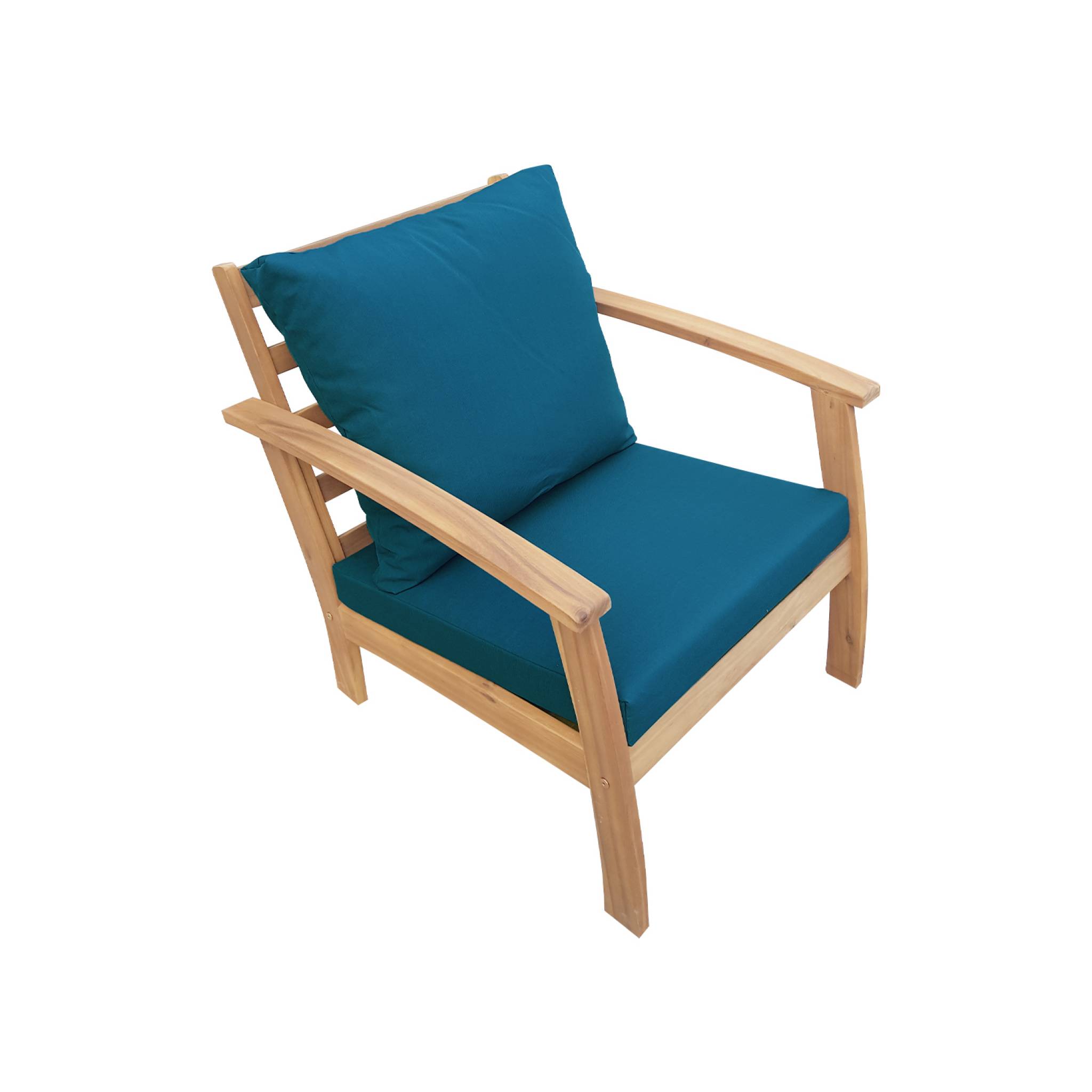 Salon de jardin en bois 4 places - Ushuaïa - Coussins bleu canard. canapé. fauteuils et table basse en acacia. design