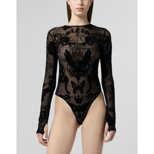 PHILIPP PLEIN Long Sleeve Bodysuit Flock Butterfly Tattoo