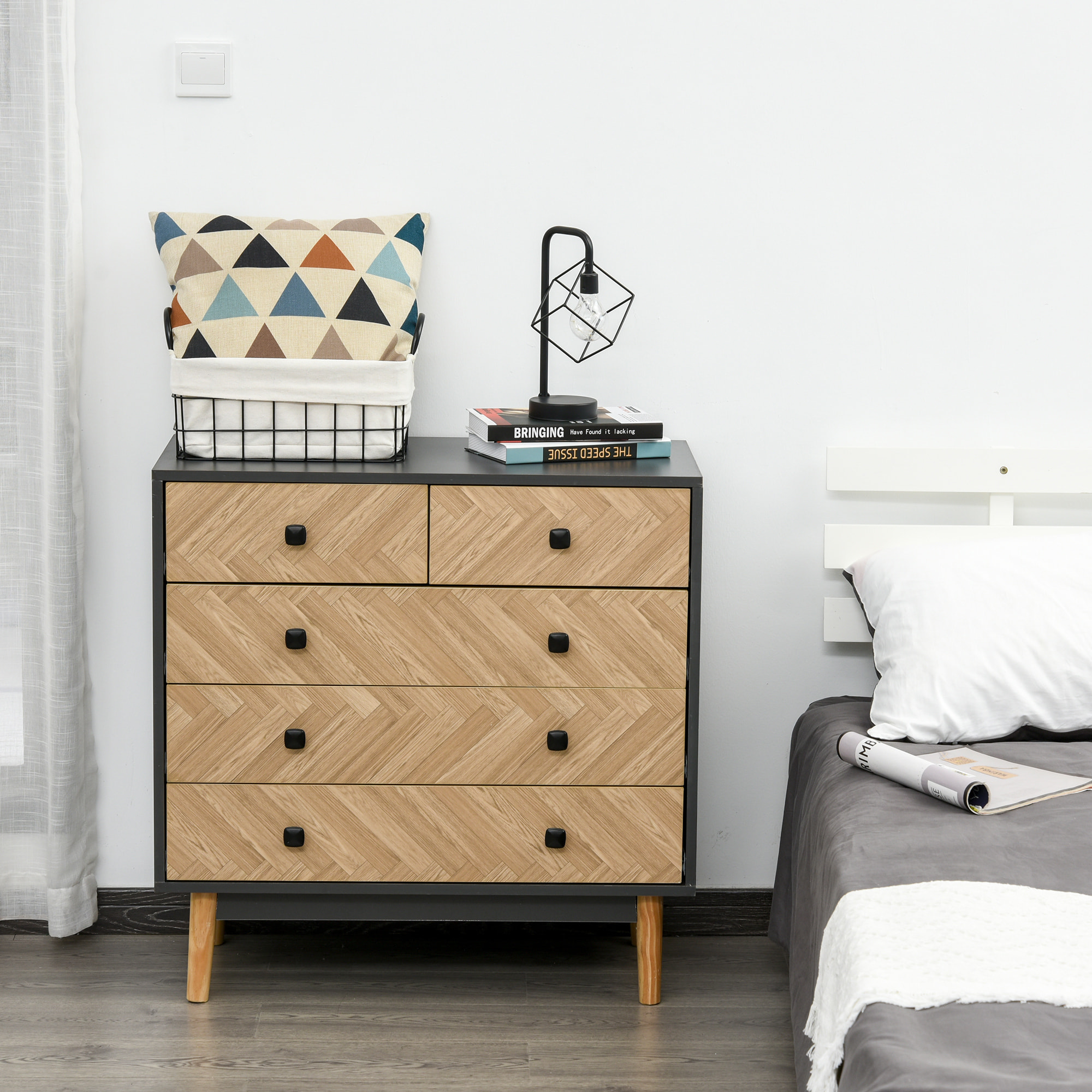 Commode 5 tiroirs design scandinave graphique dim. 80L x 40l x 80H cm panneaux de particules gris foncé chêne clair