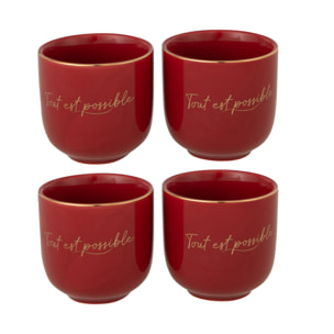 J-Line tasse 'Tout est possible' - porcelaine - rouge/or - 4 pcs