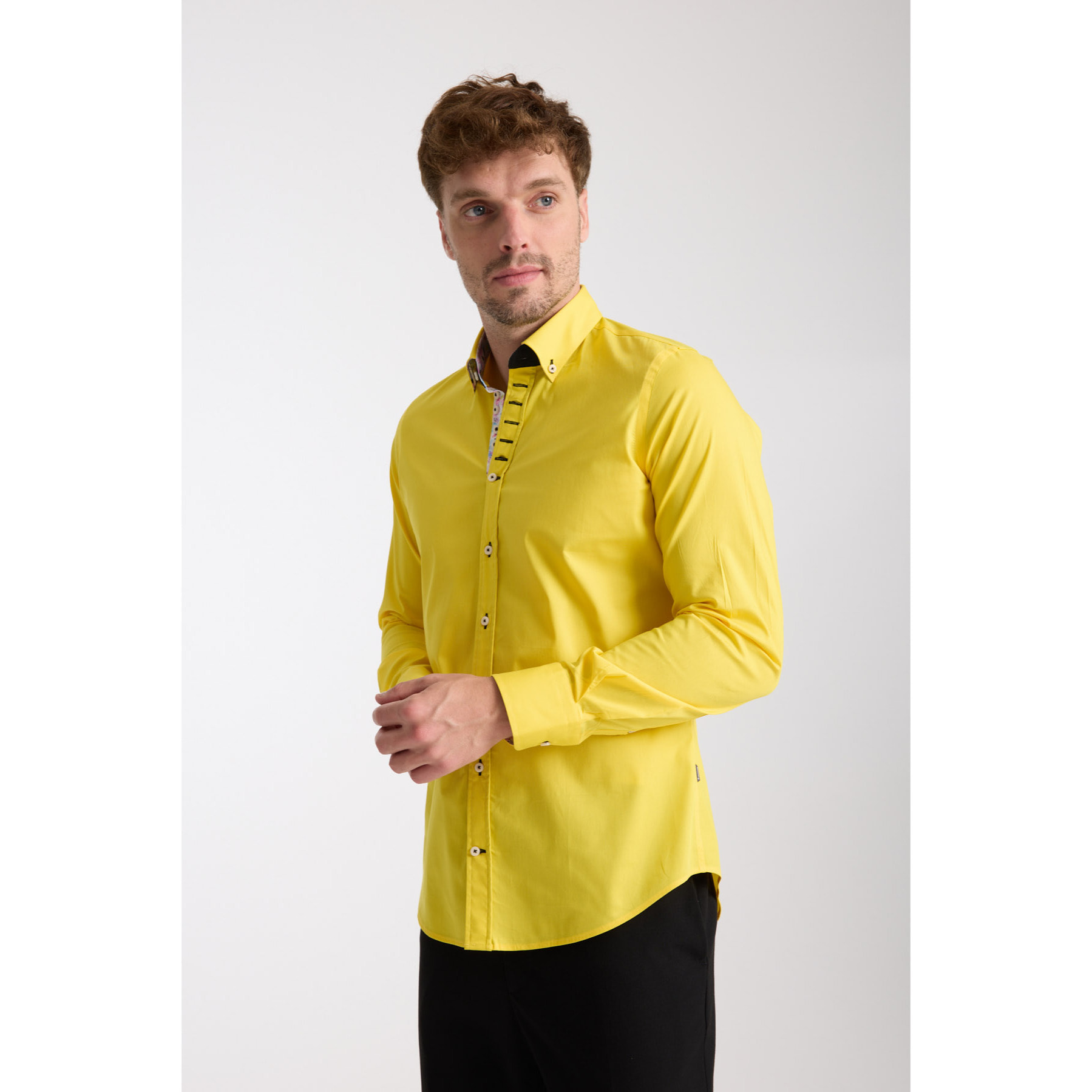 Camicia Uomo 1 Bottoni Button Down Slim Popeline Stretch Unito Giallo