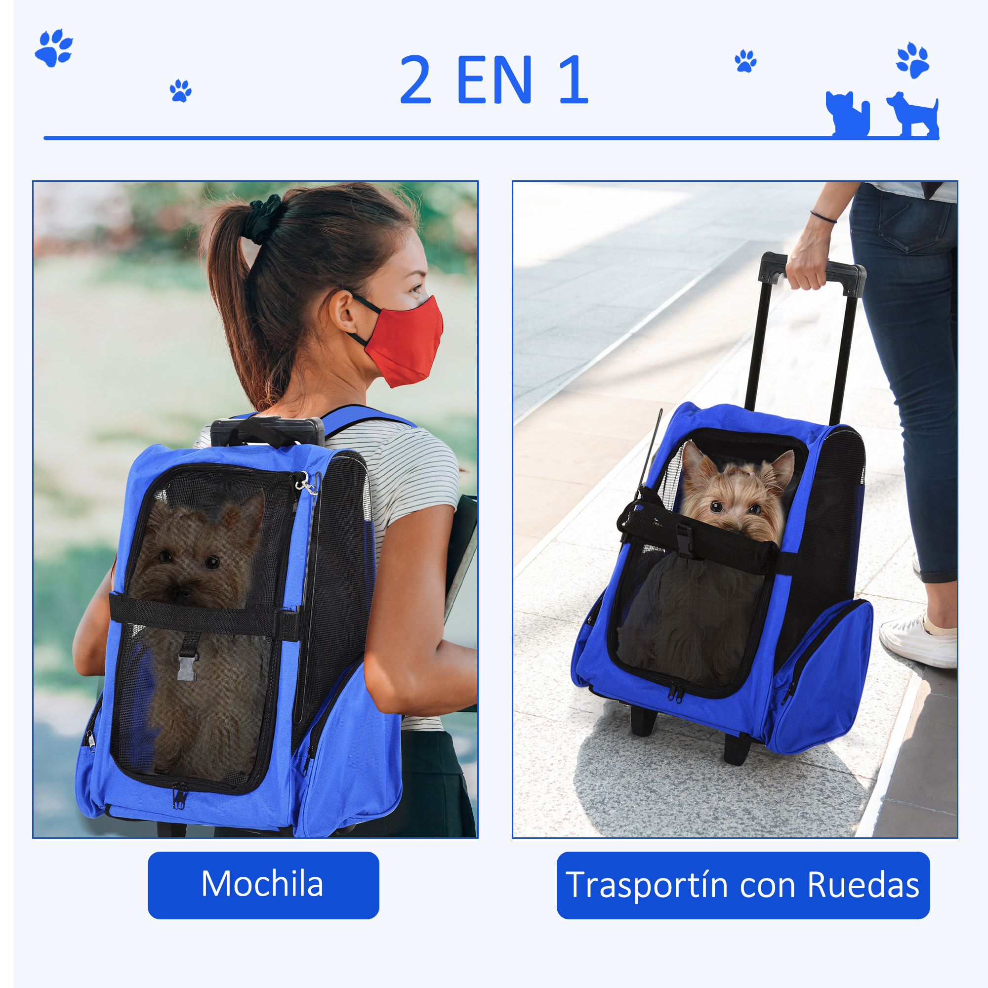 Transportin Carrito para Mascotas de Oxford 36x30x49cm Azul