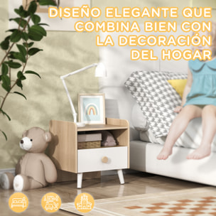 Mesita de Noche Infantil de Madera Mesita de Noche para Niños de +3 Años con Cajón y Bordes Redondeados para Dormitorio Roble y Blanco