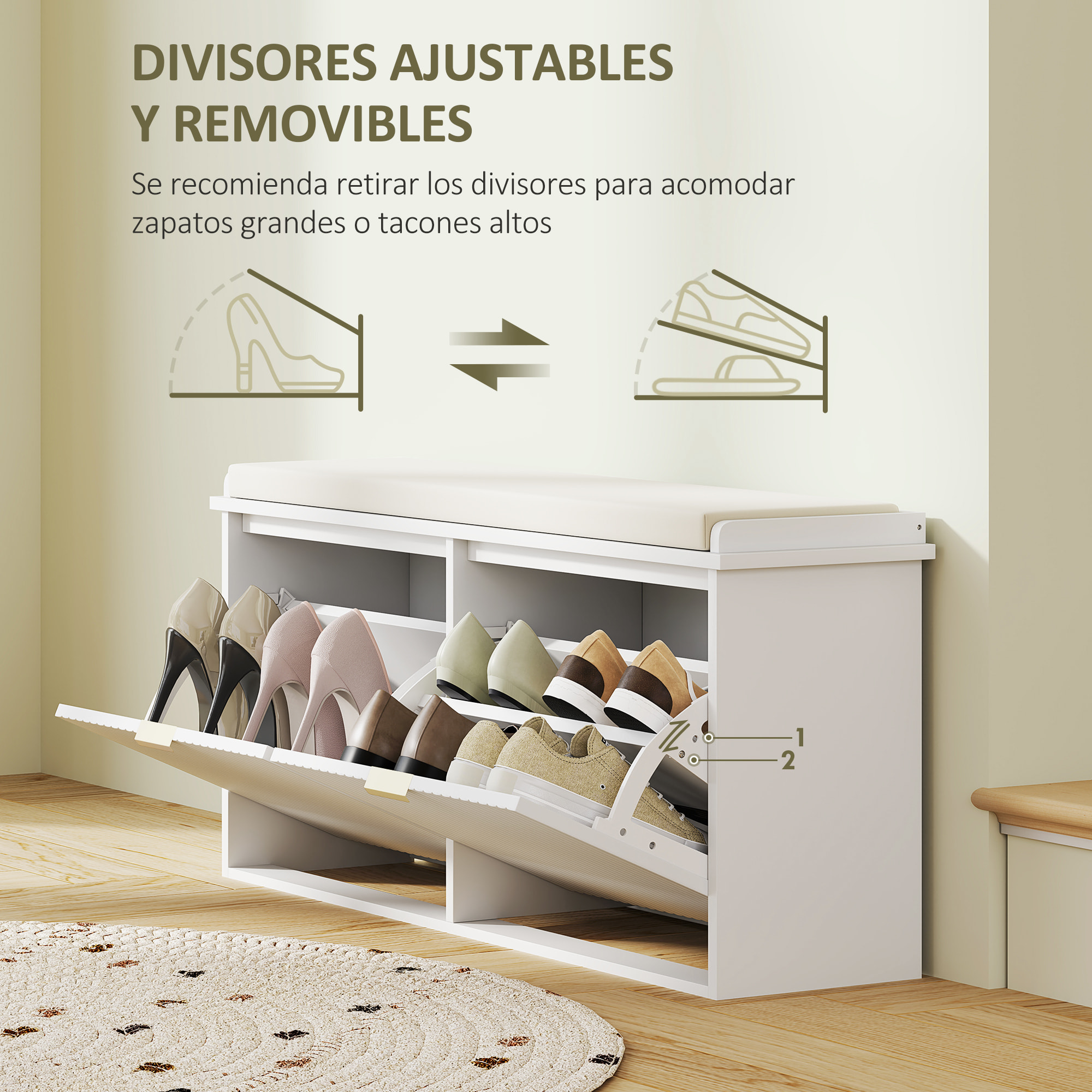Banco Zapatero Mueble Zapatero Estrecho Banco Recibidor con Asiento Acolchado Cajón Abatible y Panel de Tablillas para 10 Pares de Zapatos para Entrada Dormitorio 104x26x47,5 cm Blanco