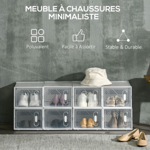 Lot de 8 boites cubes rangement à chaussures modulable avec portes transparentes - dim. 25L x 35l x 19H cm - PP blanc transparent