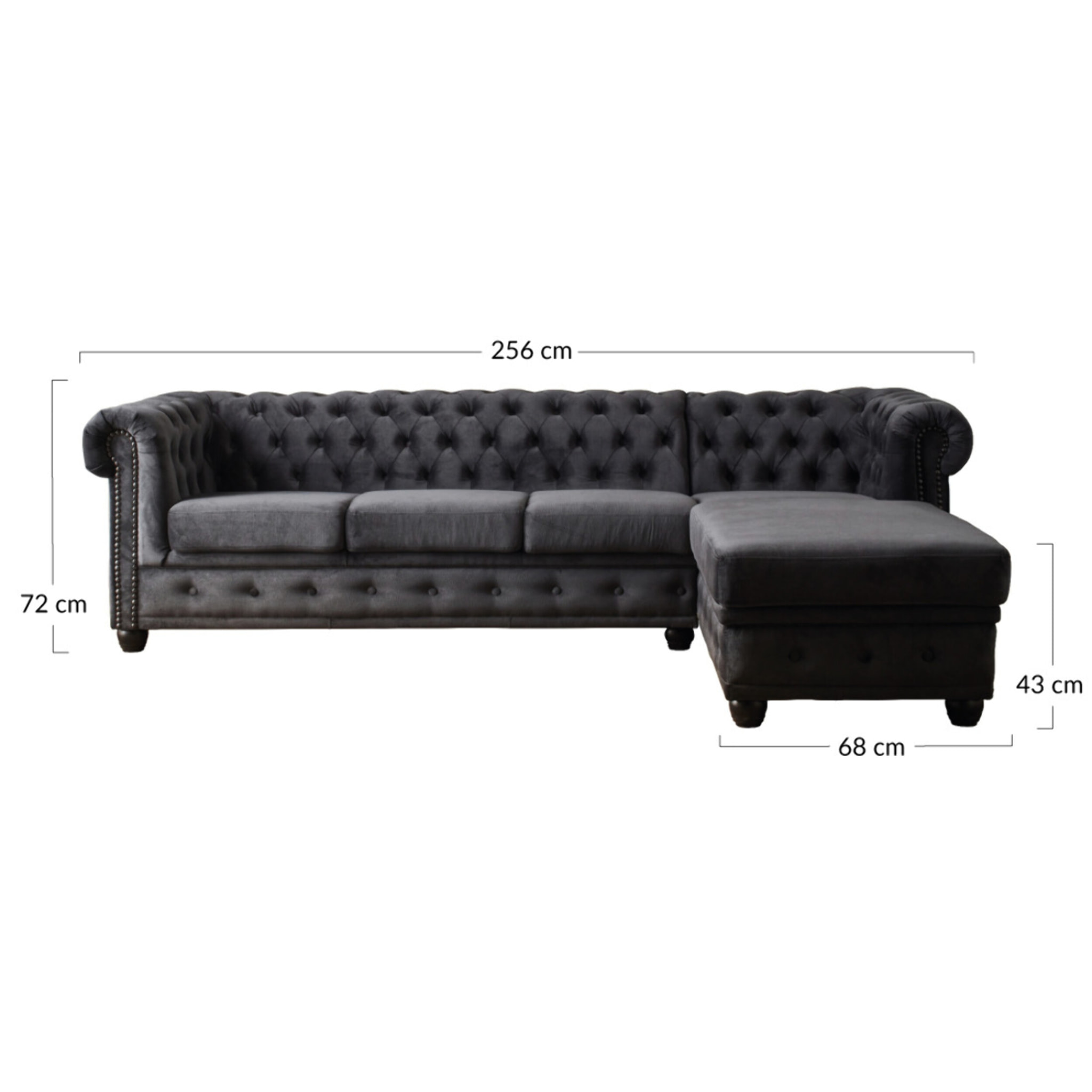 William - canapé Chesterfield d'angle droit - 4 places - en velours - Bleu nuit