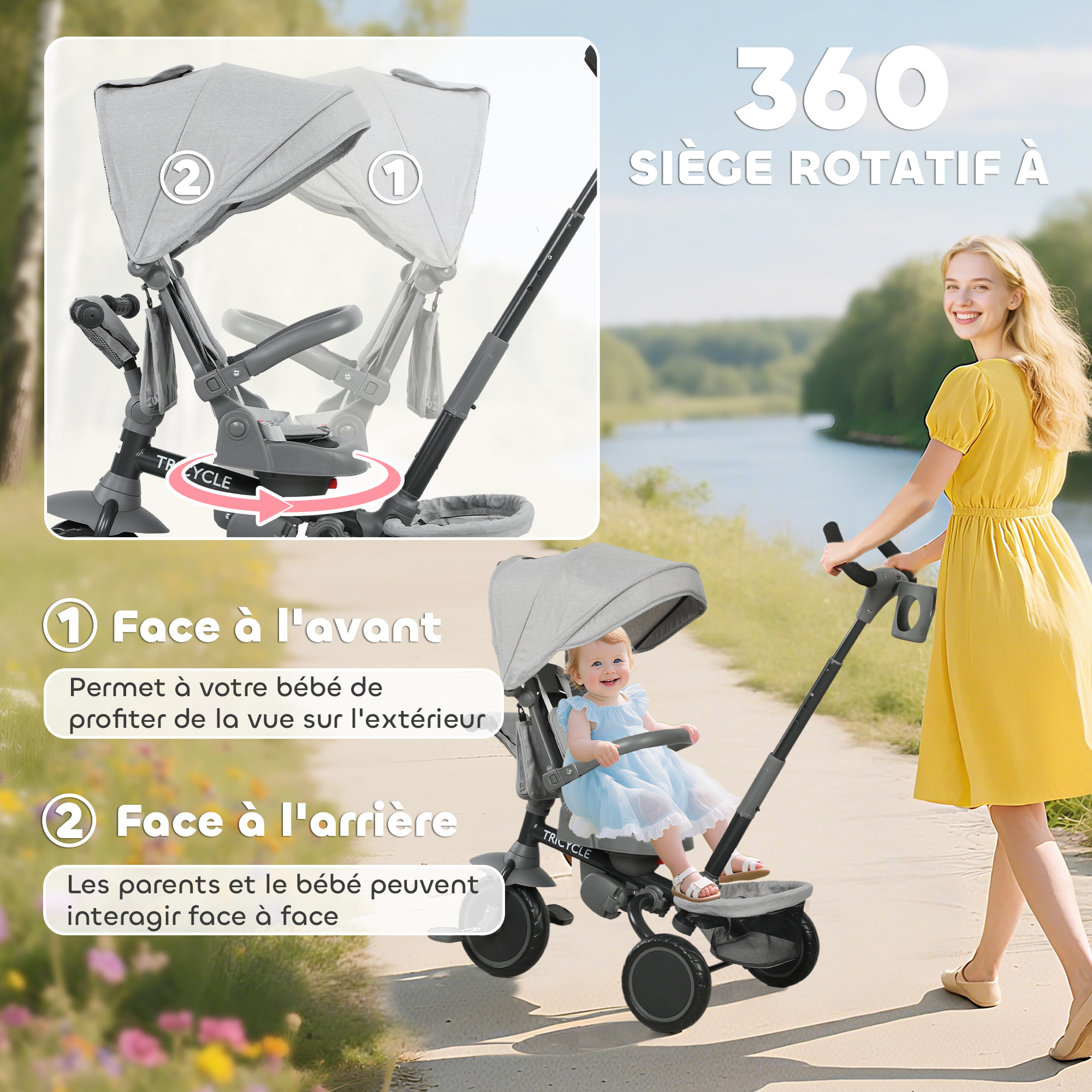 Tricycle évolutif pliable réglable 6 en 1 gris