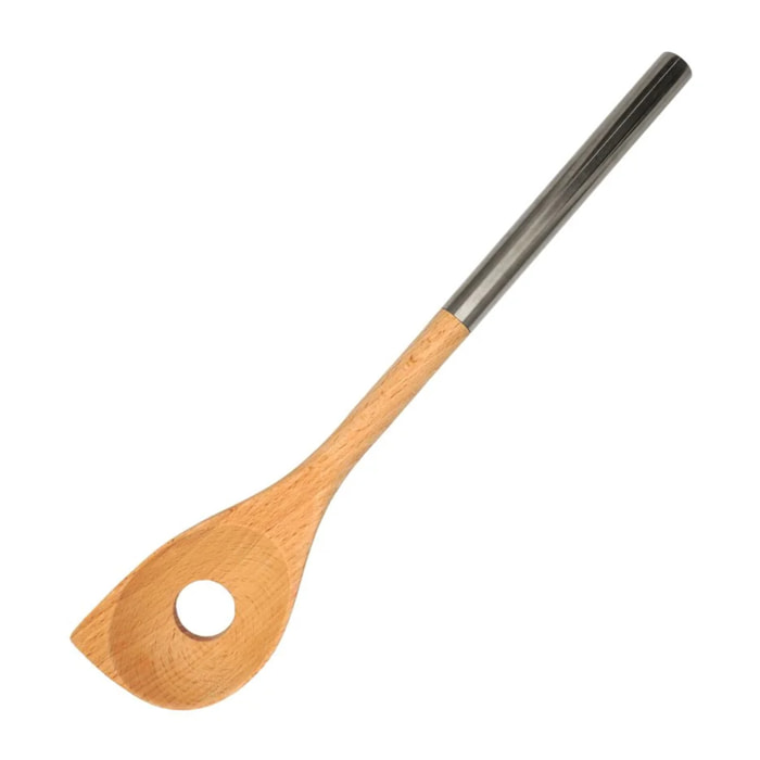 Cuillère en bois biseautée avec un trou manche inox 34 cm Fackelmann Boissellerie