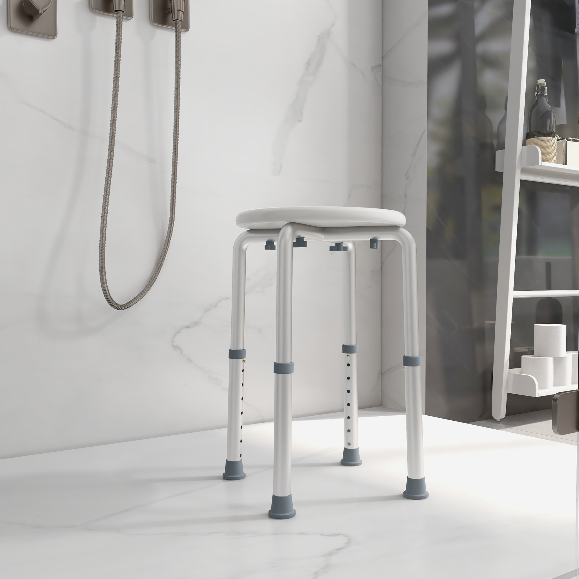 Taburete de Ducha, Silla Ducha Personas Mayores Antideslizante con Altura Regulable, Carga 135 kg, Taburete de Baño para Ancianos y Discapacitados, Blanco