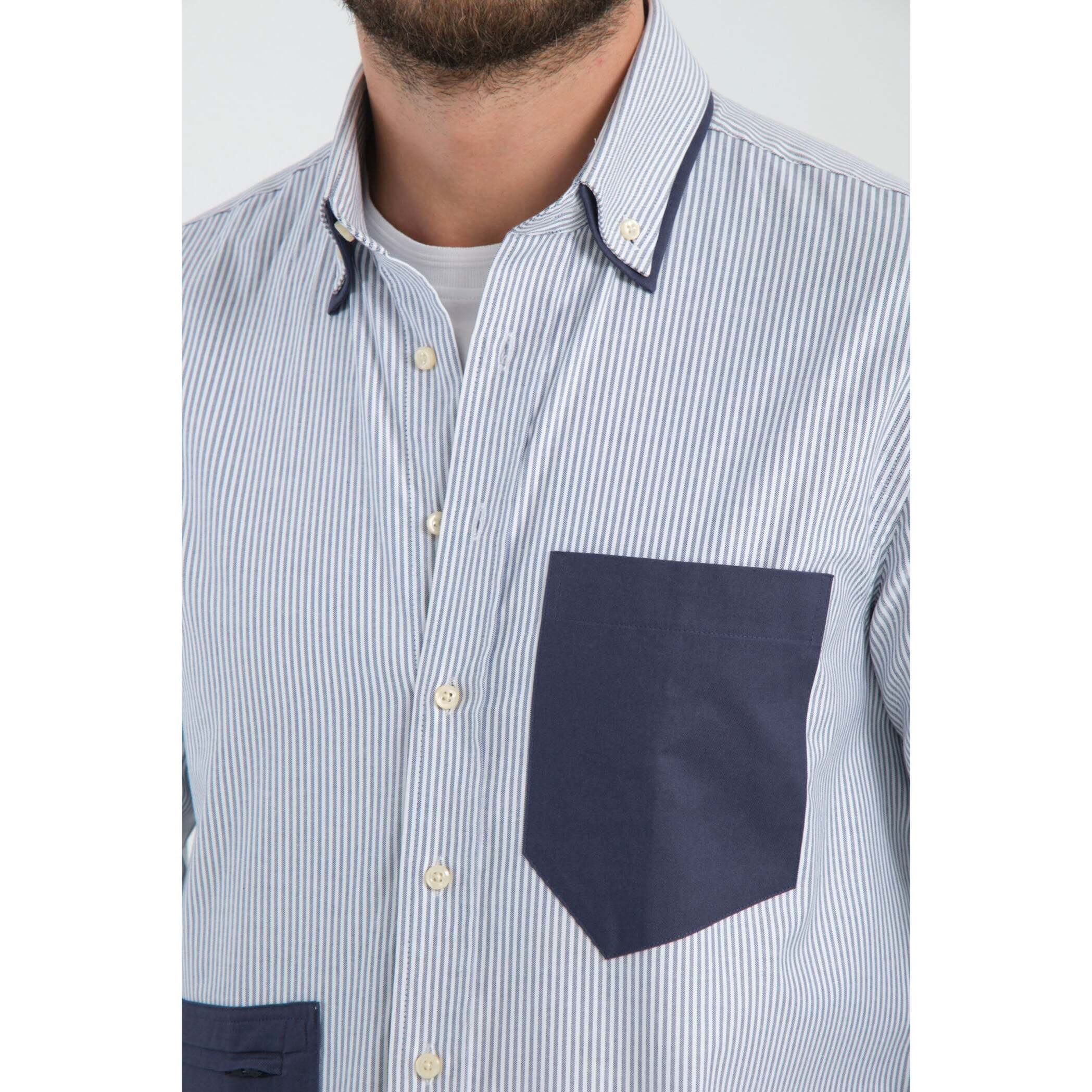 Camicia Uomo 1 Bottone Button Down Oxford Riga Stretta Blu\Bianco