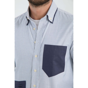 Camicia Uomo 1 Bottone Button Down Oxford Riga Stretta Blu\Bianco