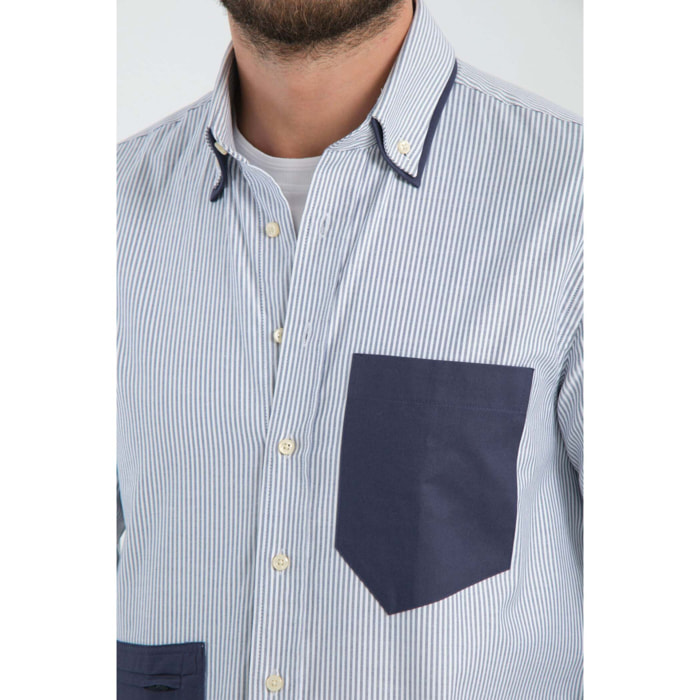 Camicia Uomo 1 Bottone Button Down Oxford Riga Stretta Blu\Bianco