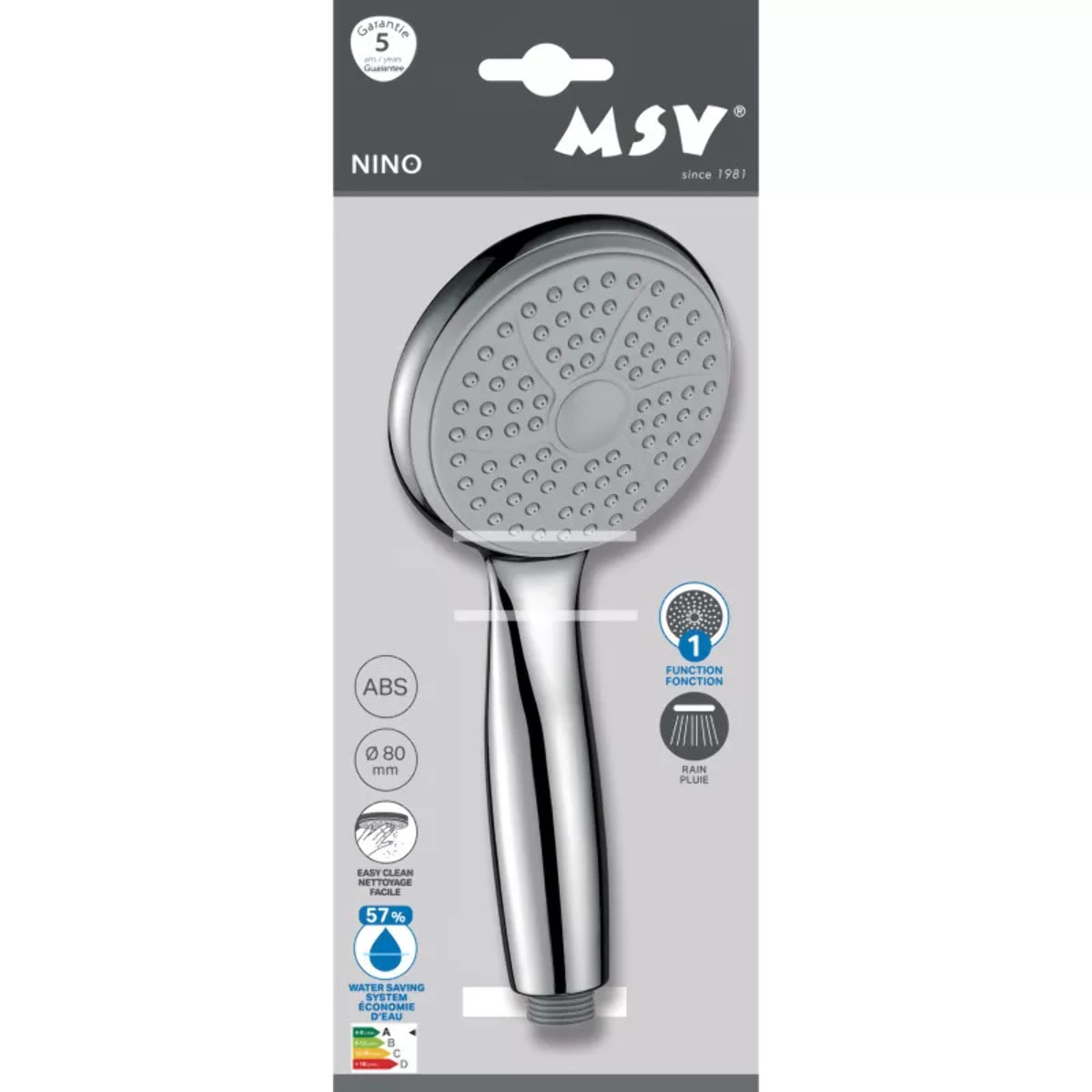 Pommeau de douche Nino Ø80 mm – Chrome / Gris TPR – Jet pluie économique
