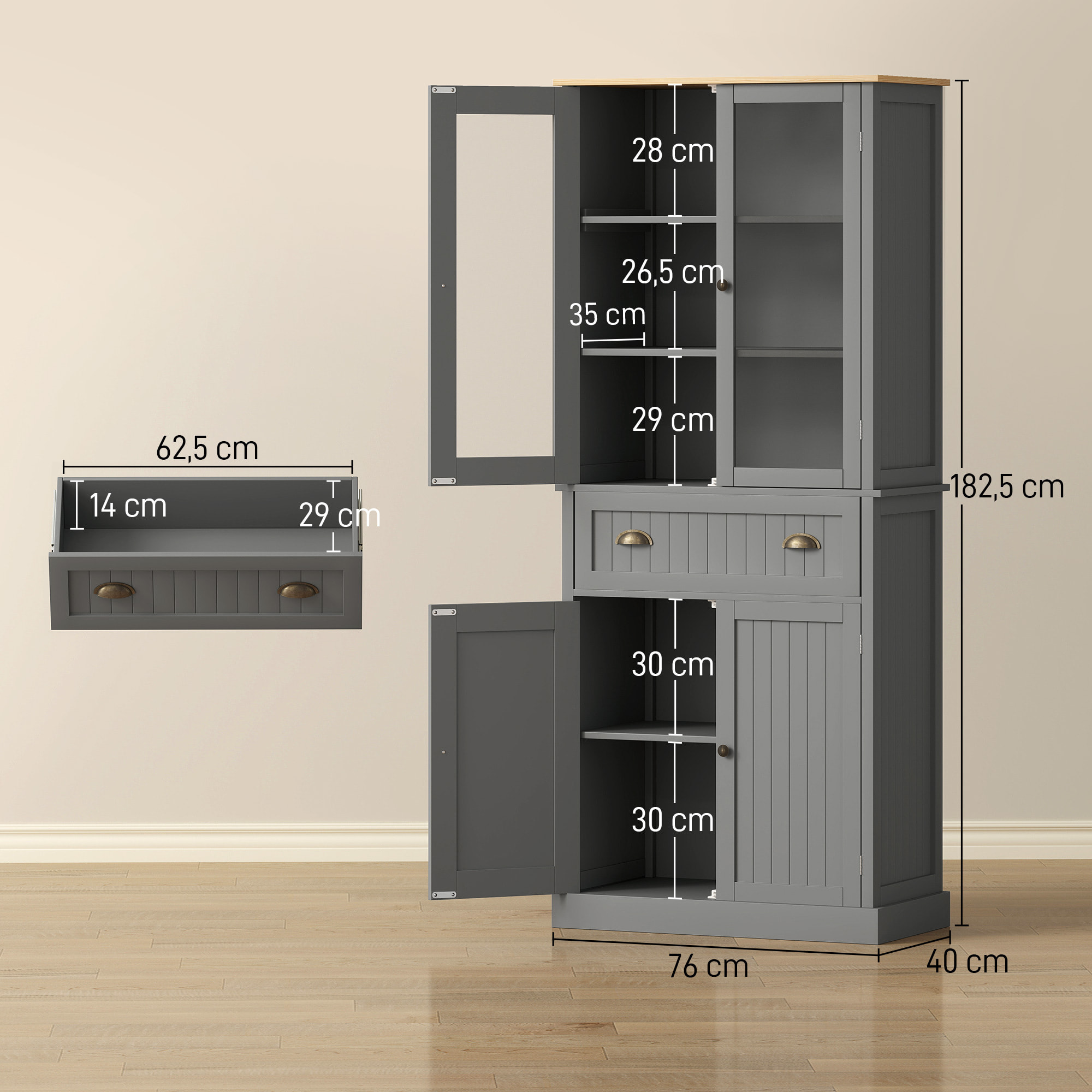 Armoire de cuisine buffet haut 4 portes grand tiroir coulissant dim. 76L x 40l x 182H cm panneaux gris verre