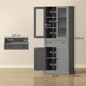Armoire de cuisine buffet haut 4 portes grand tiroir coulissant dim. 76L x 40l x 182H cm panneaux gris verre