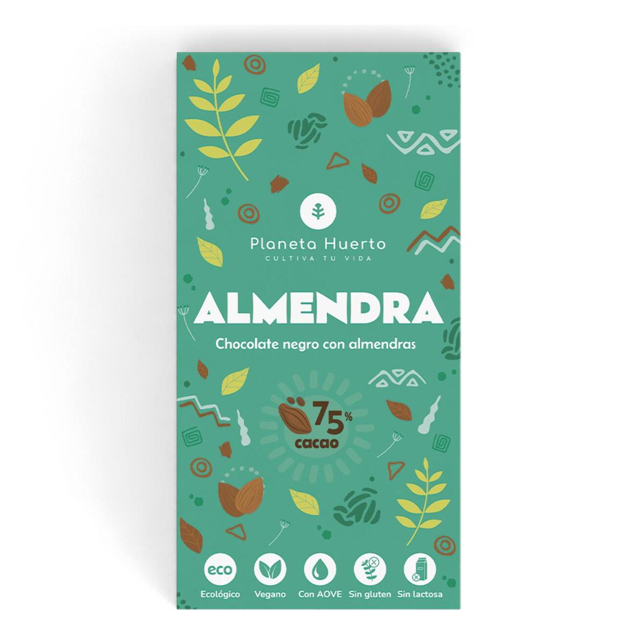 PLANETA HUERTO | Tableta de Chocolate Negro 75% con Almendras Enteras - Vegana, Artesanal y Ecológica - 100 g |