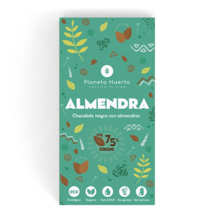 PLANETA HUERTO | Tableta de Chocolate Negro 75% con Almendras Enteras - Vegana, Artesanal y Ecológica - 100 g |