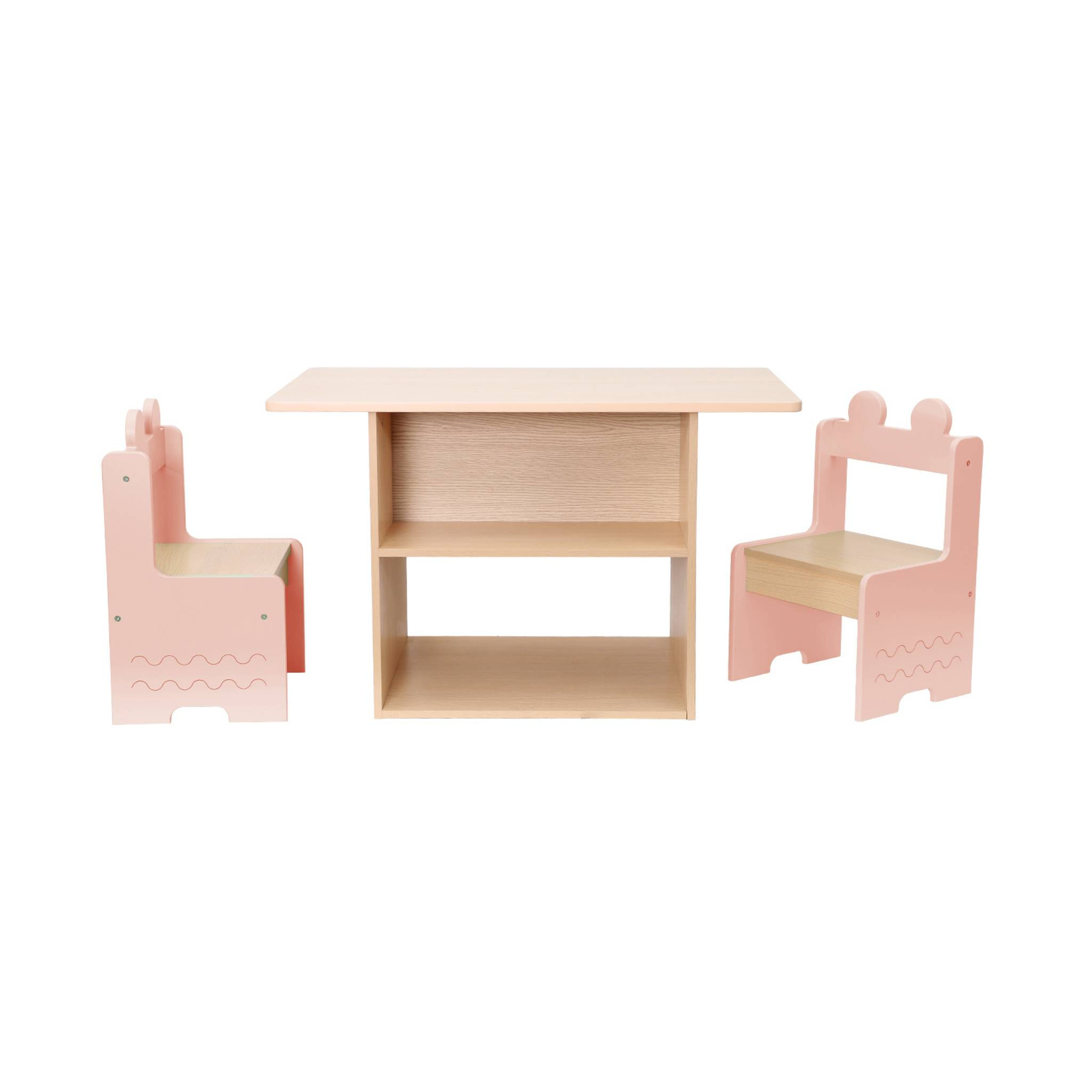 Table enfant + 2 chaises. avec étagères. rose