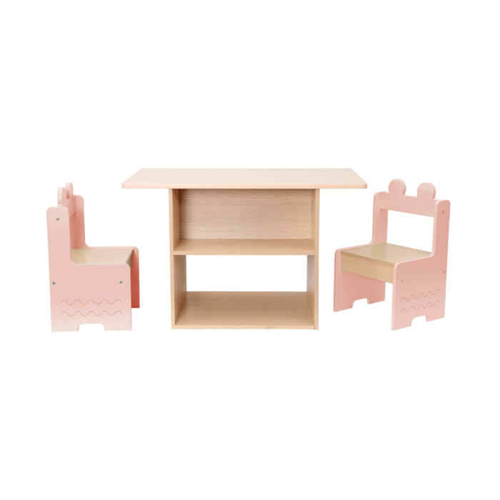Table enfant + 2 chaises. avec étagères. rose