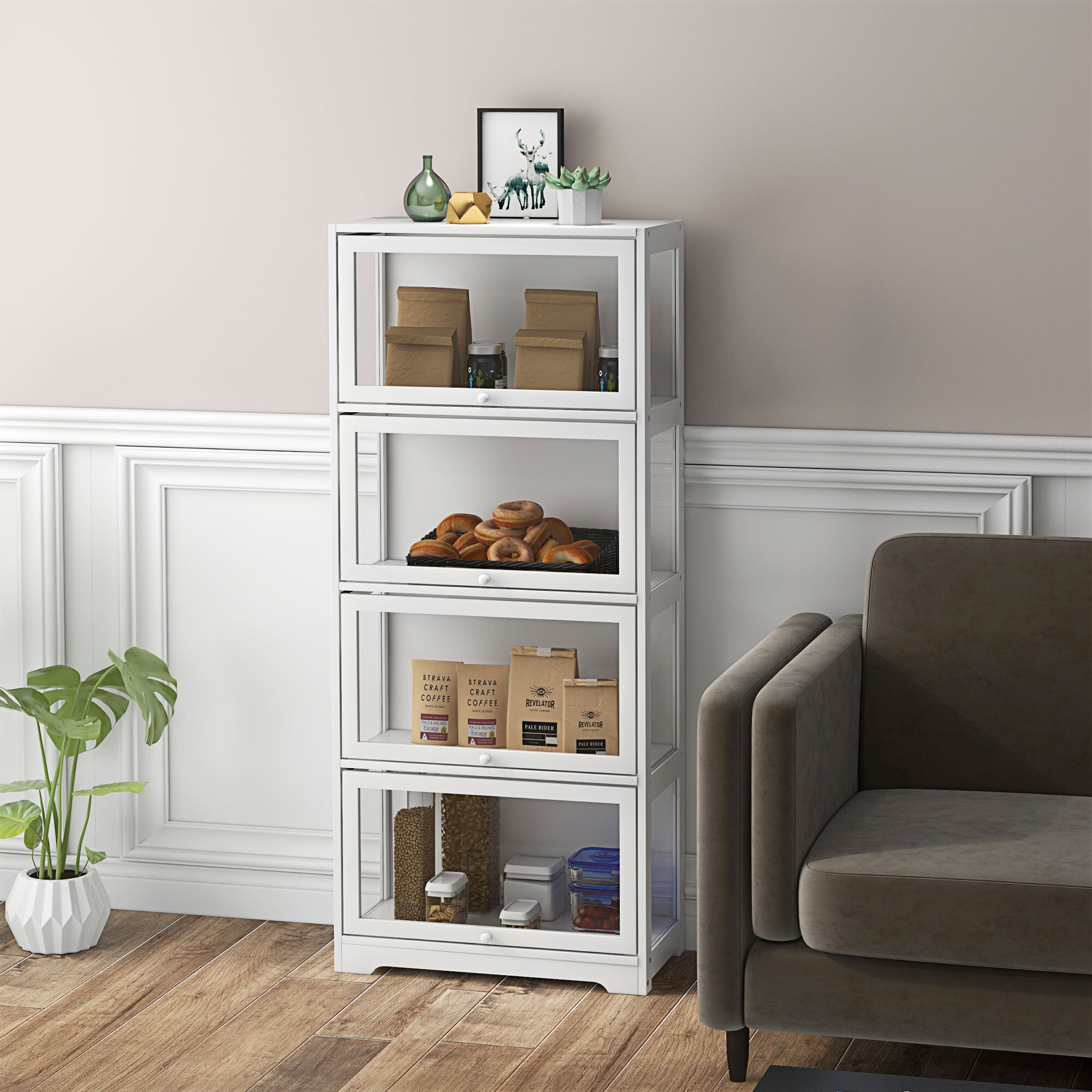 Vitrine colonne 4 niveaux - 4 portes abattantes - dim. 59 x 30 x 139 cm - MDF blanc acrylique transparent