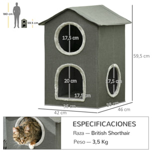 Casa para Gatos de 2 Niveles Cama para Gatos Cueva para Gatos con 3 Puertas y Cojines Lavables 42x46x59,5 cm Gris