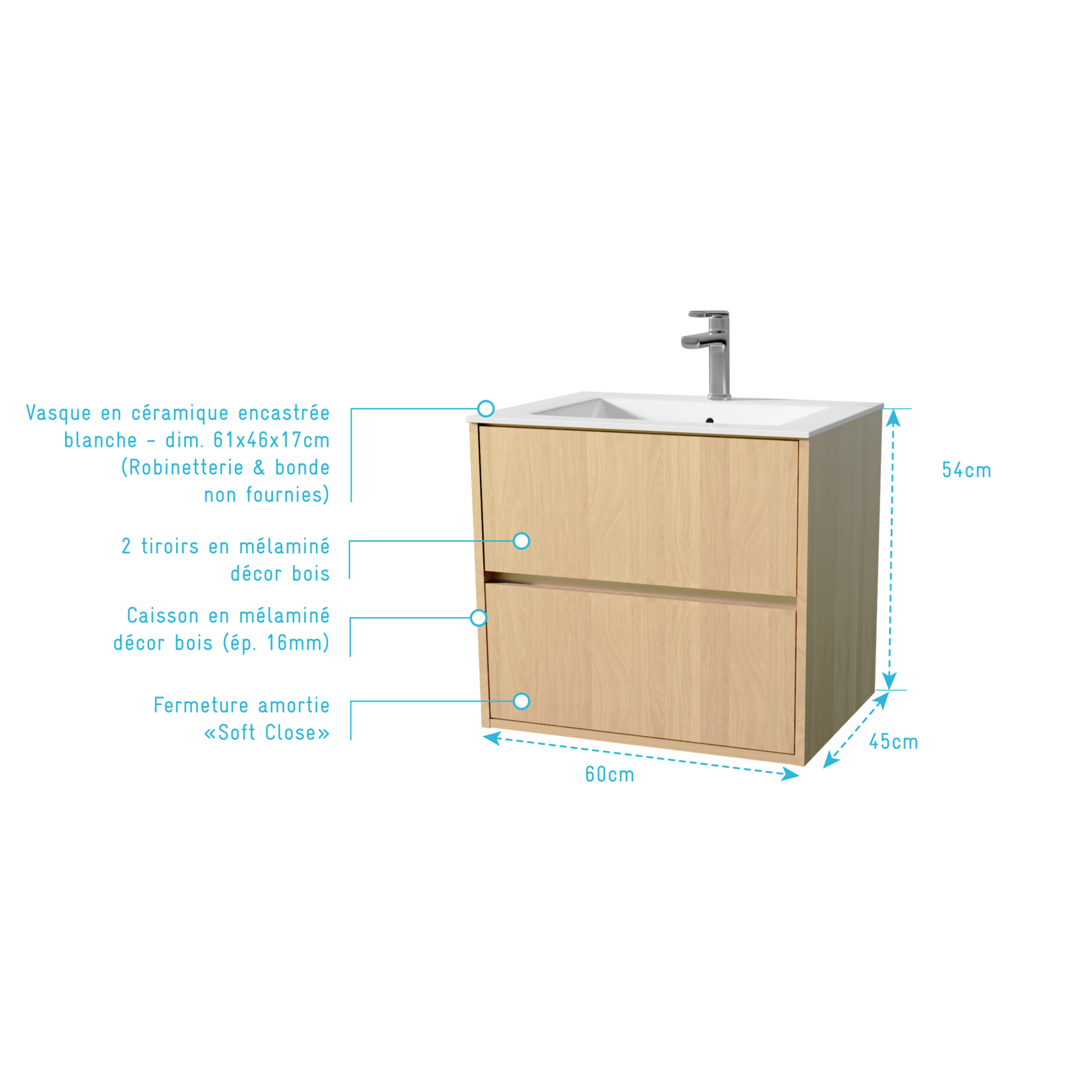 Pack Meuble Salle de Bains 60 cm Chêne Clair, 2 tiroirs avec Vasque Céramique - XENOS