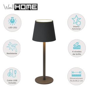 Well Home Lámpara de mesa Gris LED Recargable con 32 Luces Blancas cálidas y 4 niveles de Brillo Ø10,5x36,2cm