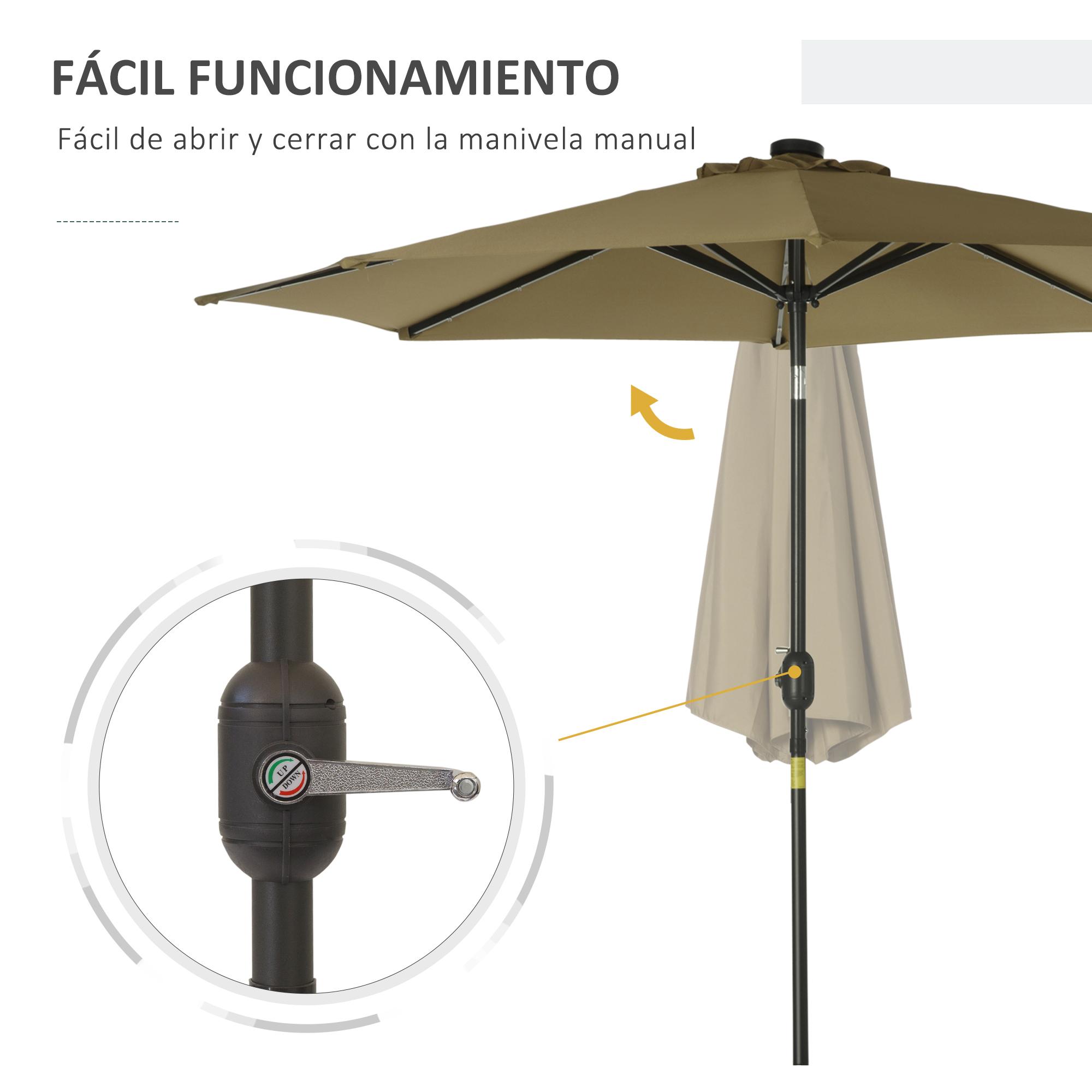 Sombrilla de Jardín Ø268x238 cm Parasol de Terraza con 24 Luces LED Solar Mecanismo de Inclinación Manivela y Poste Desmontable de Metal para Piscina Patio Marrón