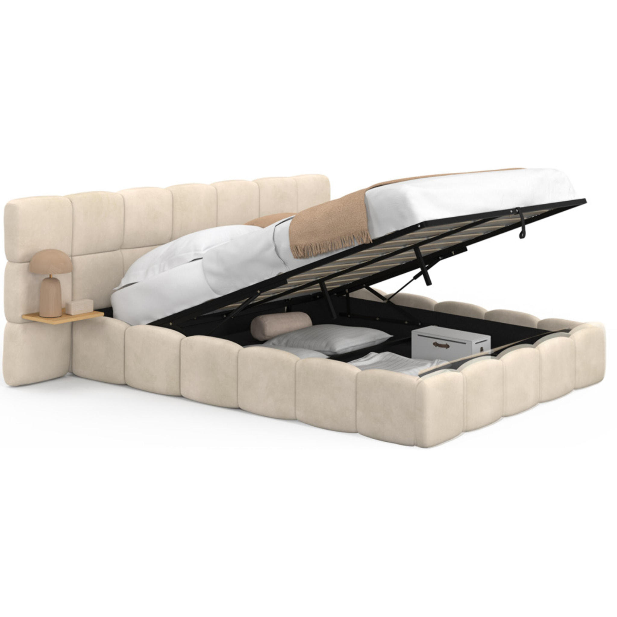 Lit coffre Bubble 140x190cm velours beige chevets intégrés