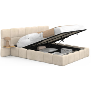 Lit coffre Bubble 140x190cm velours beige chevets intégrés
