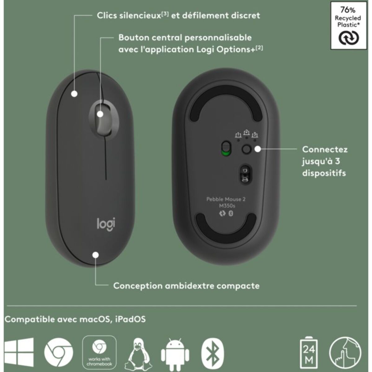 Souris sans fil LOGITECH Pebble 2 M350s Graphite