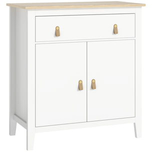 Buffet 2 portes étagère tiroir poignées lanières aspect cuir dim. 80 x 40 x 90 cm blanc effet bois clair