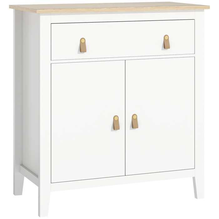 Buffet 2 portes étagère tiroir poignées lanières aspect cuir dim. 80 x 40 x 90 cm blanc effet bois clair
