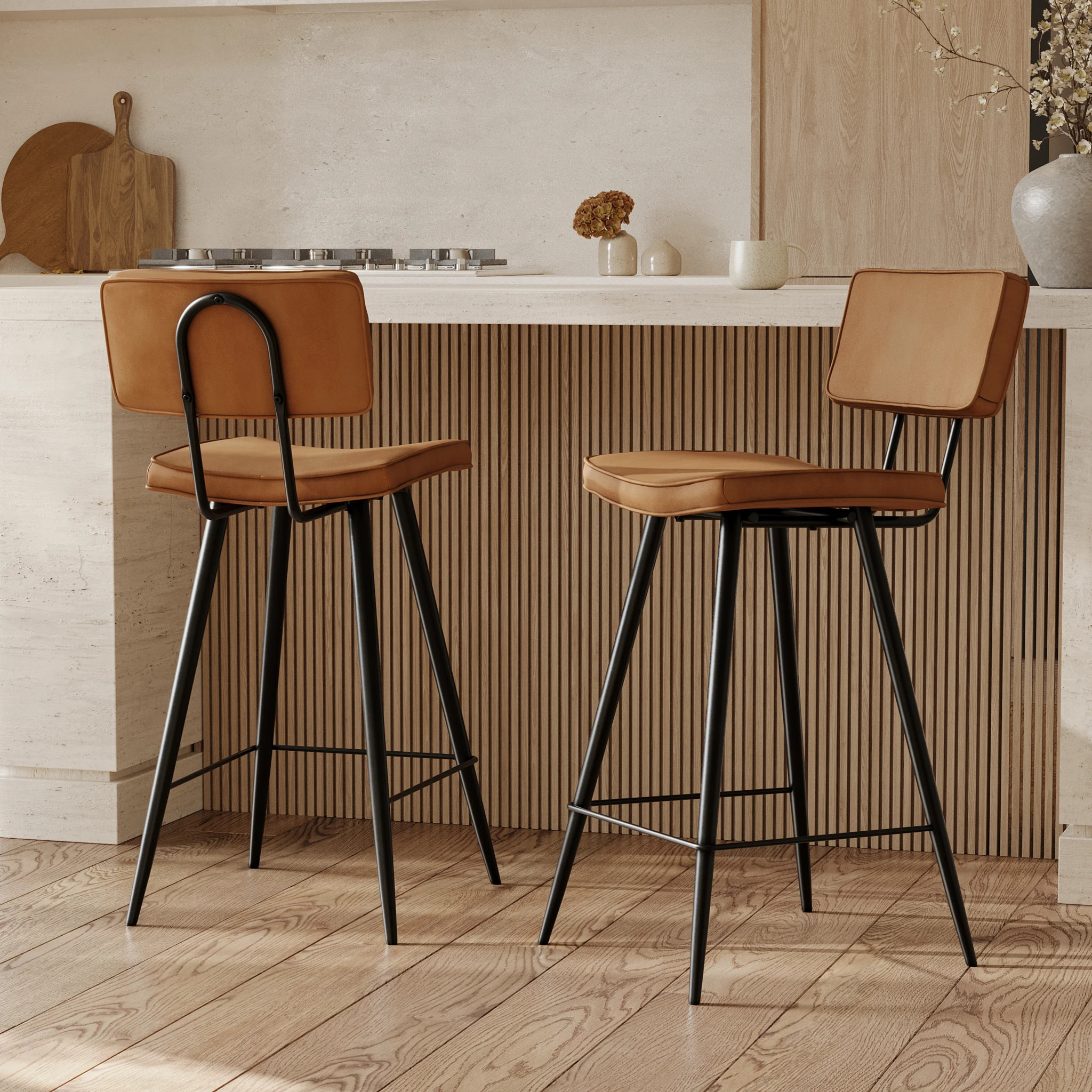 Lot de 2 chaises pour îlot central 66 cm en cuir synthétique camel - Texas