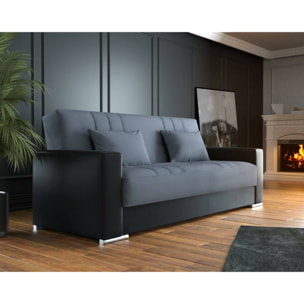 Divano letto Sergio, Divano letto contenitore a 3 posti in ecopelle e tessuto, Sofà da soggiorno con apertura click-clack e 2 cuscini inclusi, Cm 230 x96h101, Nero e Grigio